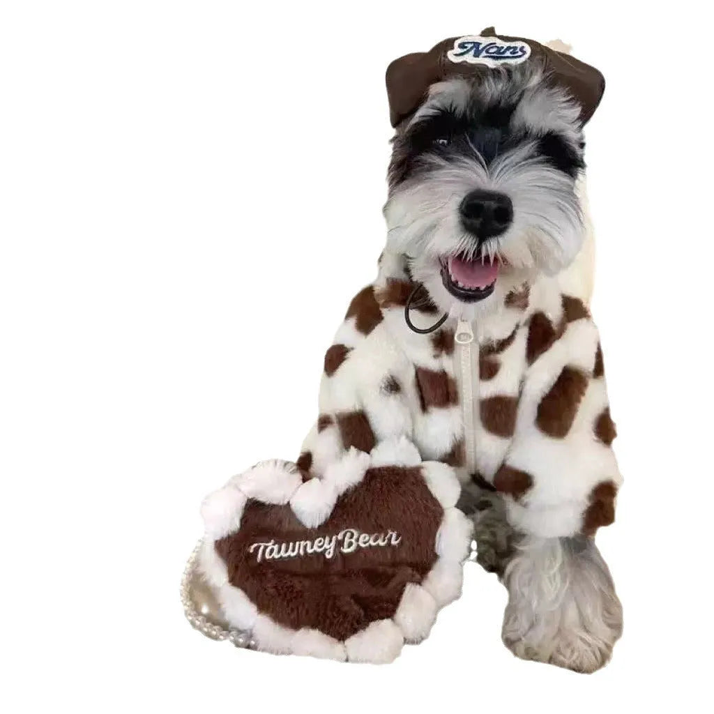 Pink polyester warm coat for small dog on white background showing British-style design
