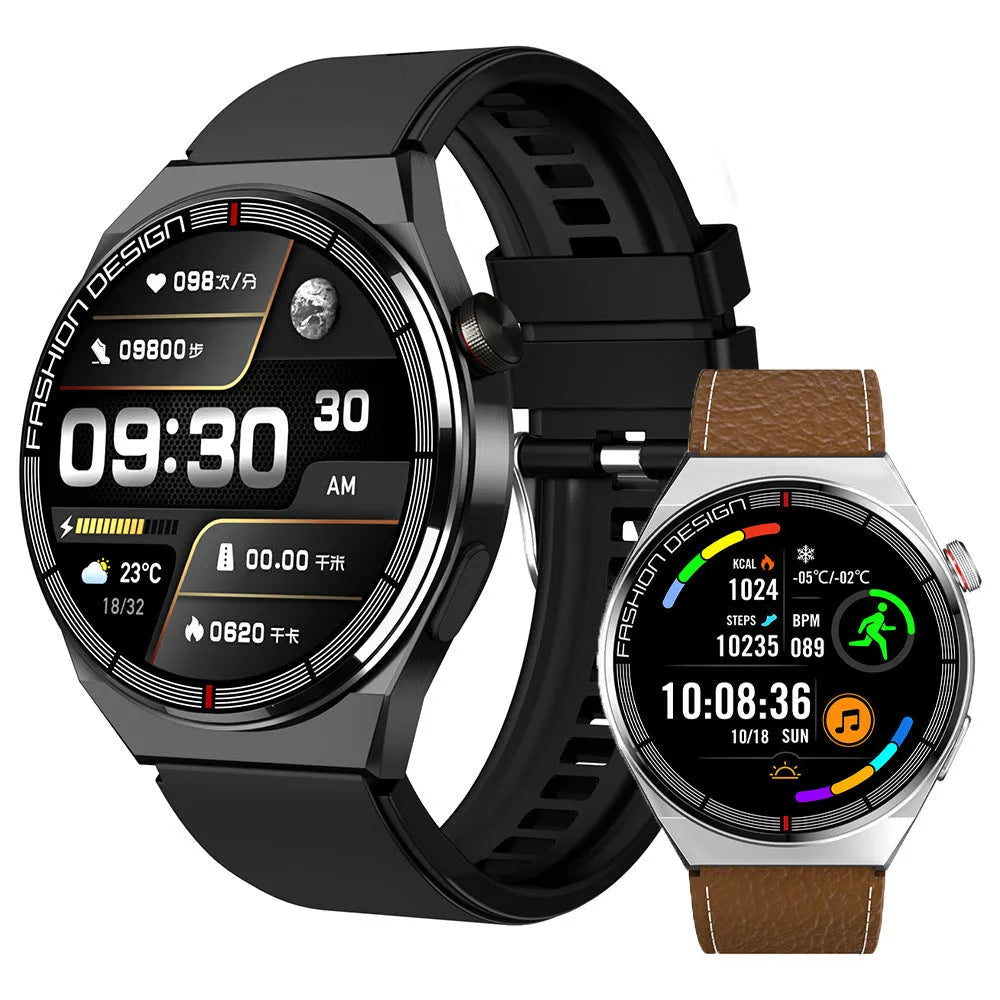 Black smartwatch with circular 46mm dial on a silicone strap, showing a heart rate monitoring display on its screen.