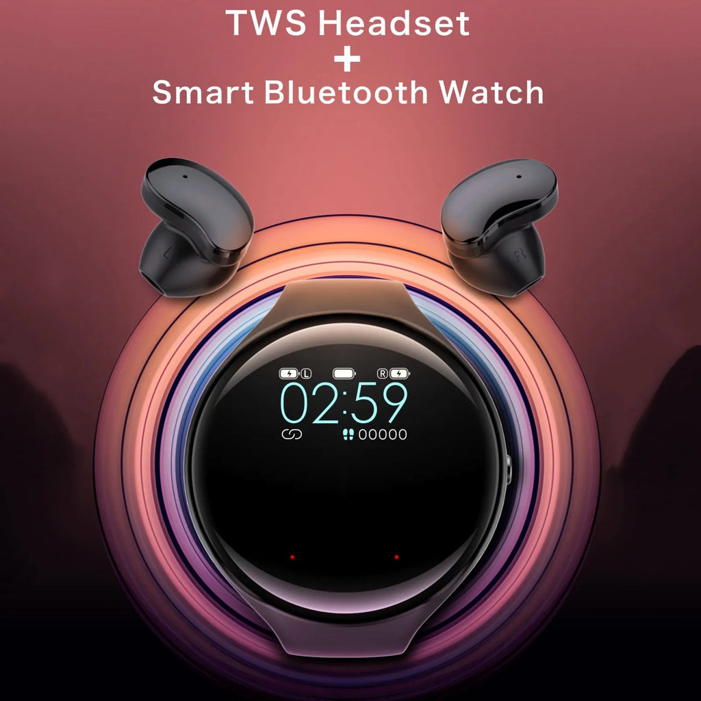 Black detachable smart bracelet and Bluetooth headset combo with colour screen and TWS earphones.