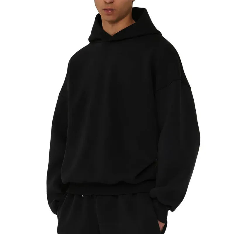 Men's solid color fleece-lined pullover hoodie with threaded long sleeves in gray, black, blue, or red.