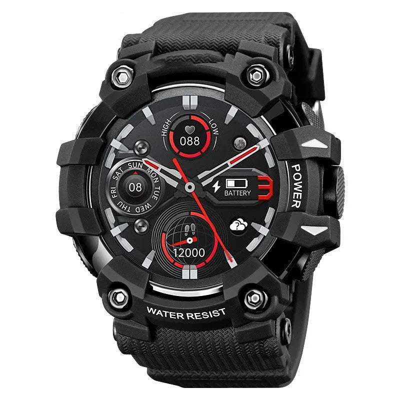 Blue smart watch with 56mm round touch screen display showing health metrics