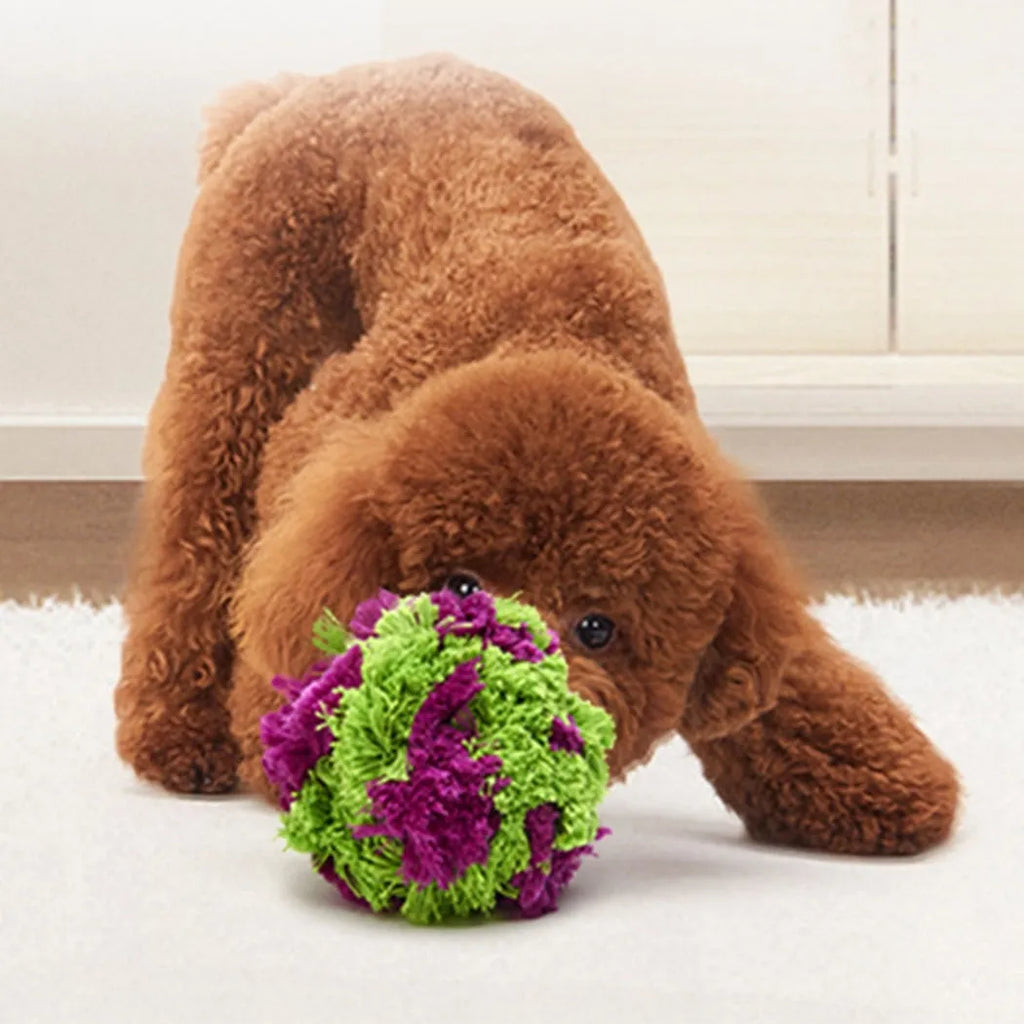 Purple plush dog knot toy seaweed ball for teething puppies, 15 cm diameter