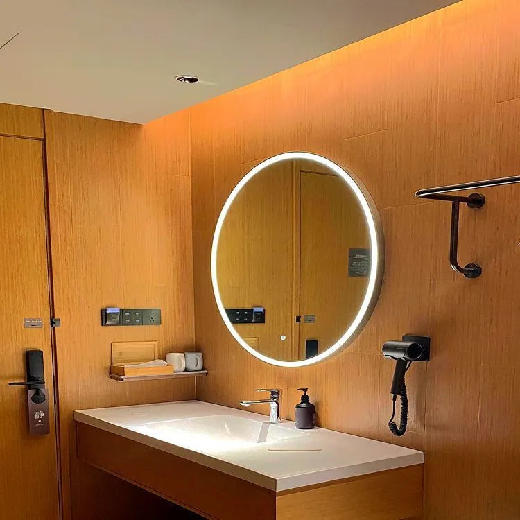 Square black frame LED bathroom makeup mirror mounted on wall with touch control for adjustable lighting