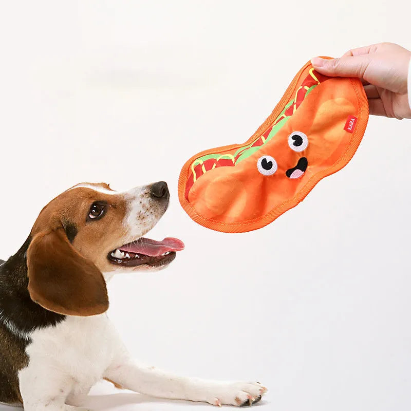 Hamburger-shaped dog chew toy in vivid colours showing crinkle and squeak features for interactive play.