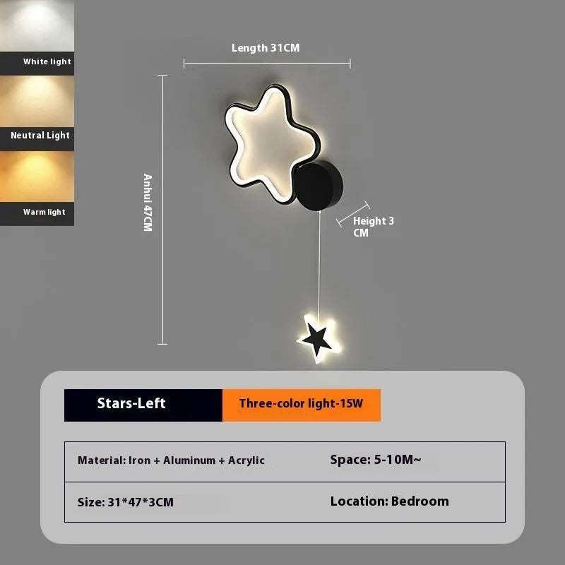 Cloud and star-shaped children's bedside wall lamp with LED lighting in black or white finish