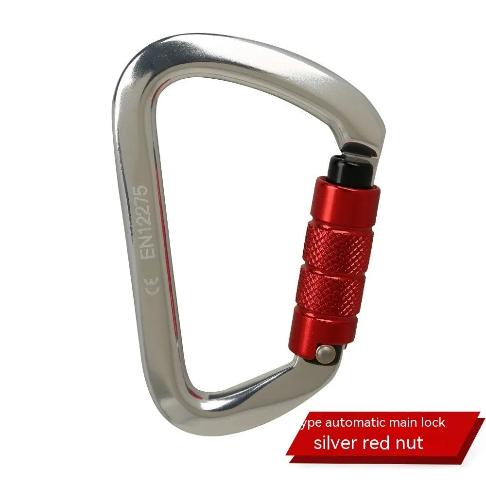D-shaped climbing carabiner main lock in colours: black, blue, orange, red, silver red with automatic or threaded gate.