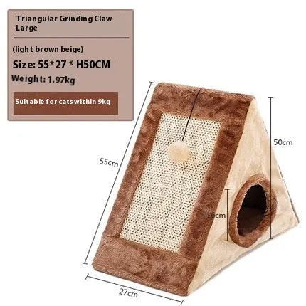Grey and white triangle-shaped cat bed with sisal scratching side and plush sleeping area