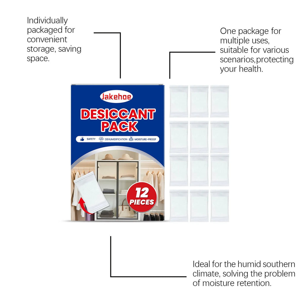 12-pack of household desiccant moisture absorber units with calcium chloride and wood pulp
