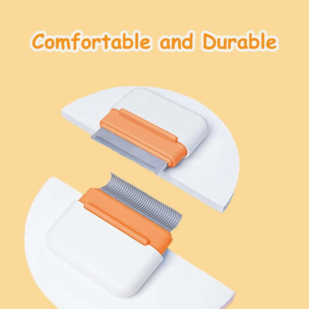 Blue double-sided pet grooming comb for cats and dogs on a grey background