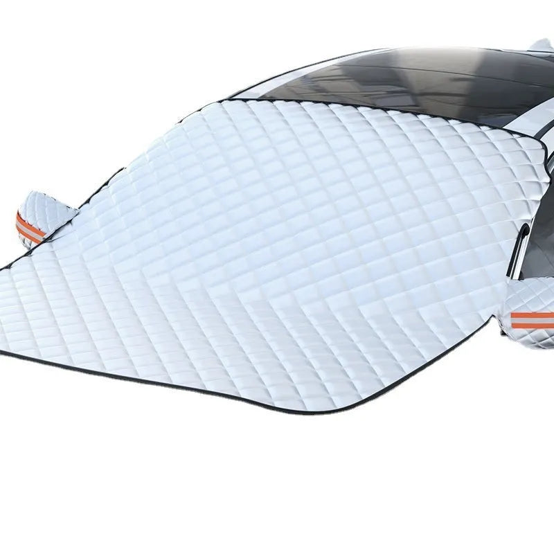 Large aluminium foil car cover for SUV windshield with magnets and reflective stripes.