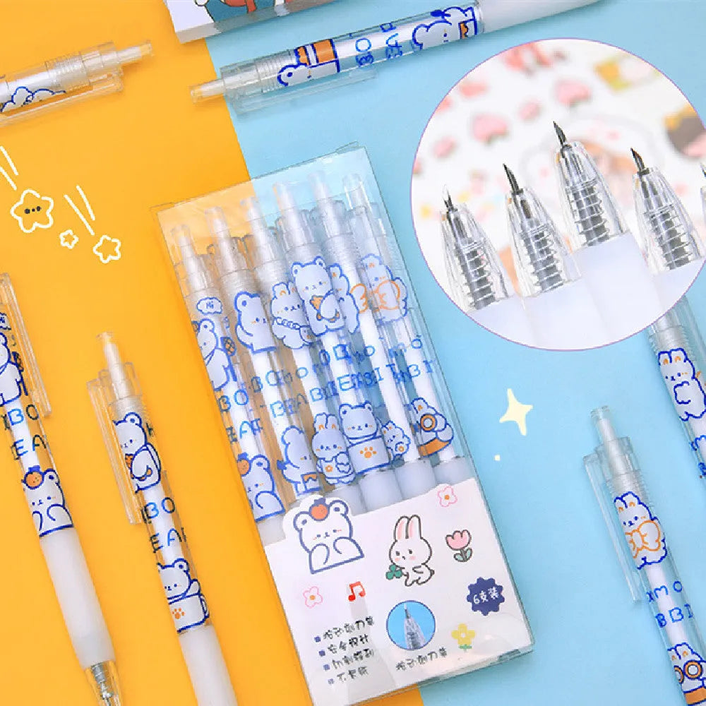 Six animal-themed press pen knives showing orange bear, doll bear, and rabbit designs with plastic and metal construction