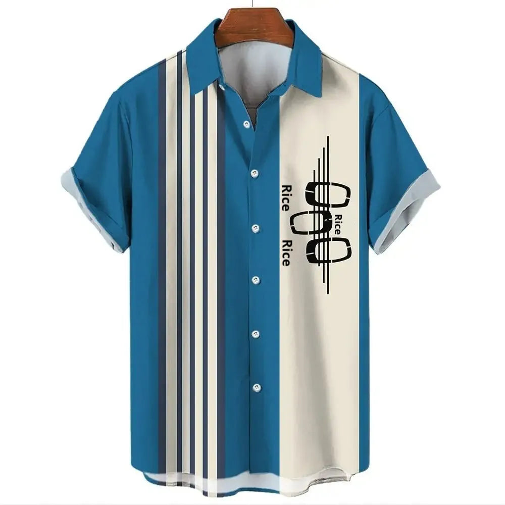 Man wearing a striped short sleeve Hawaiian-style button-up shirt in a casual setting.