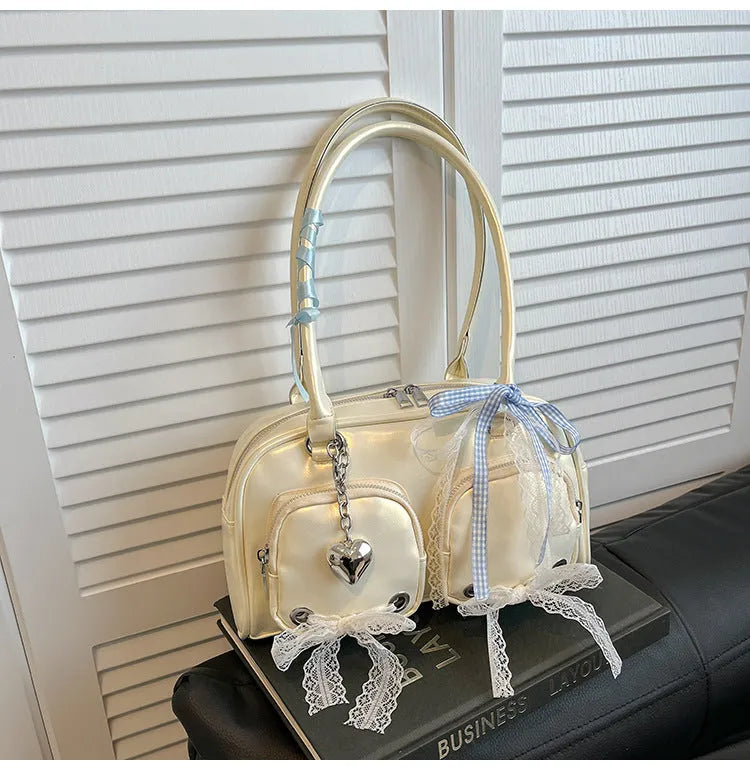 Women's beige PU leather casual shoulder bag with double straps and phone compartment
