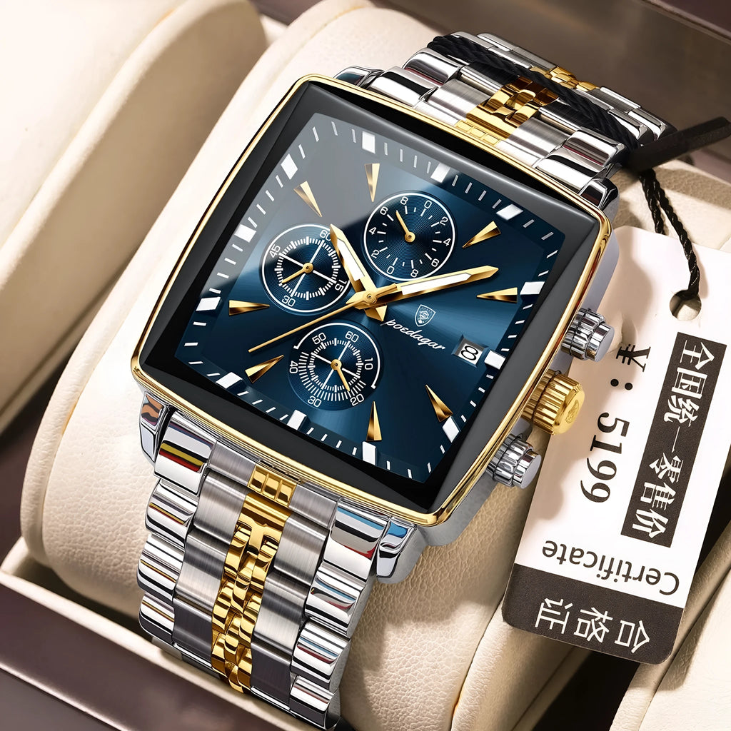 Square men's business quartz watch with stainless steel strap and butterfly buckle