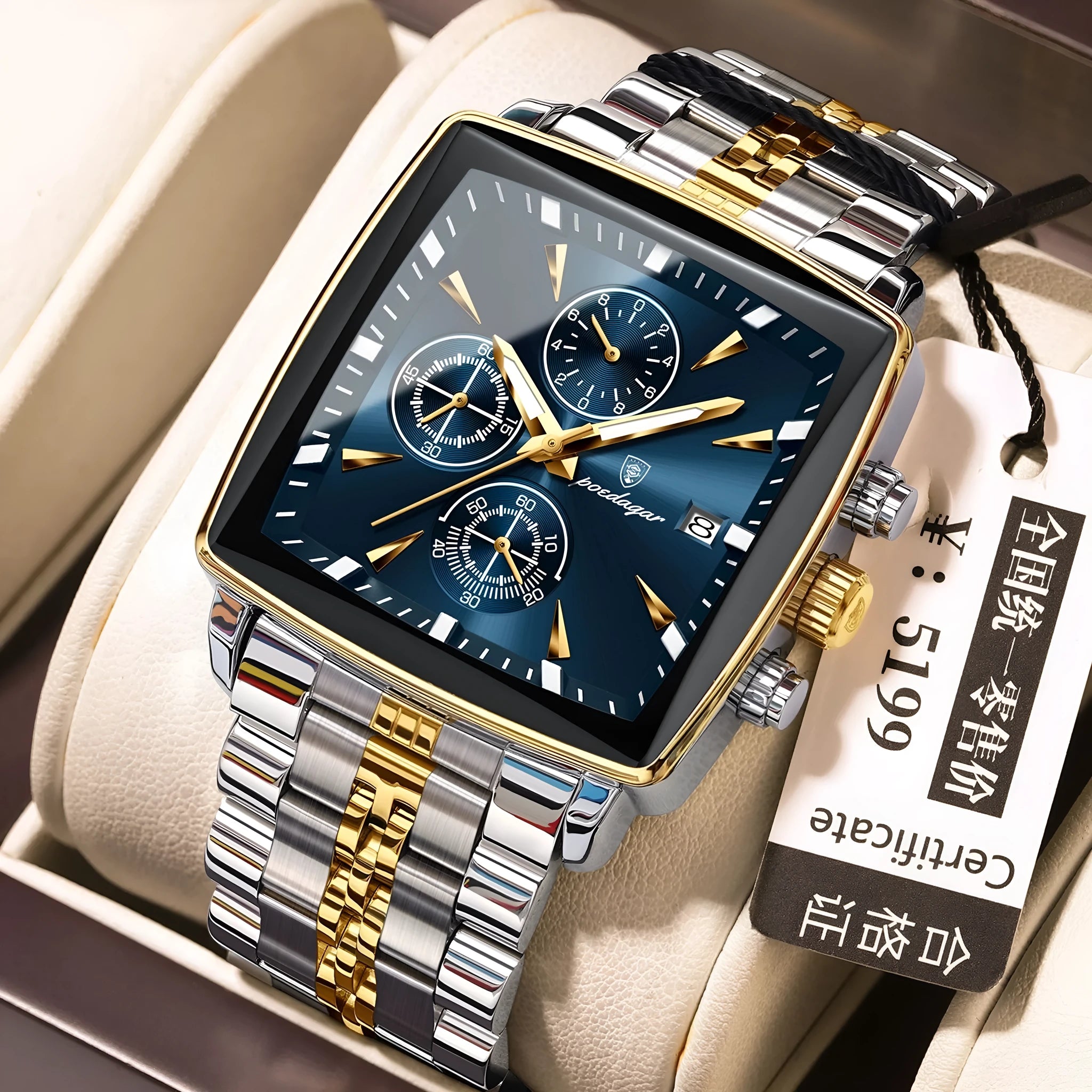 Square men's business quartz watch with stainless steel strap and butterfly buckle