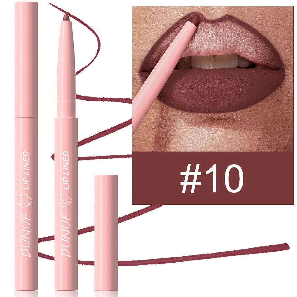Twist-up velvet matte lip liner pencil shown in 12 different colour shades