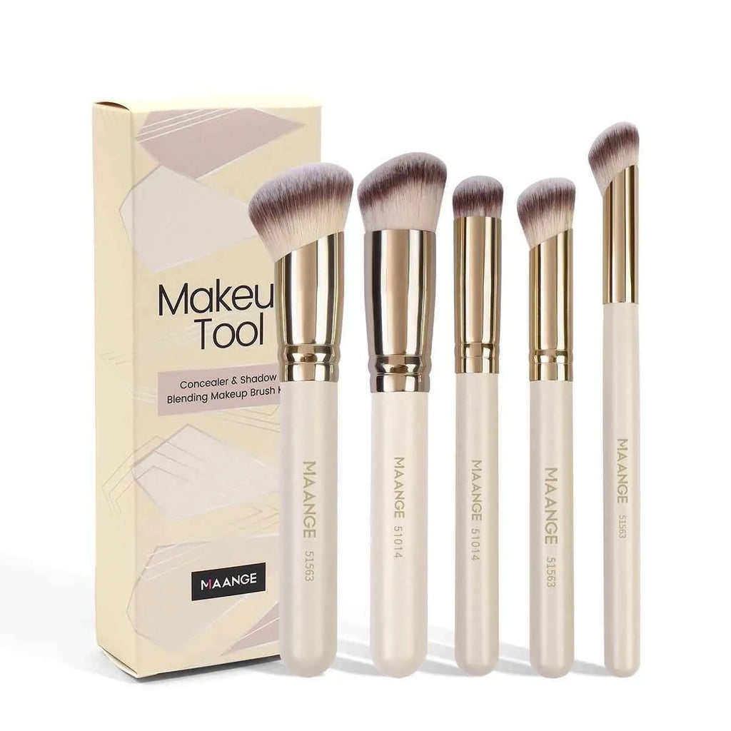 MAANGE set of five angled apricot-coloured makeup brushes with synthetic bristles for blush and contouring.