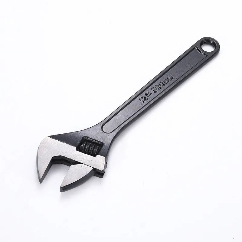 High-carbon steel open-end adjustable wrench with black finish on ergonomic handle.
