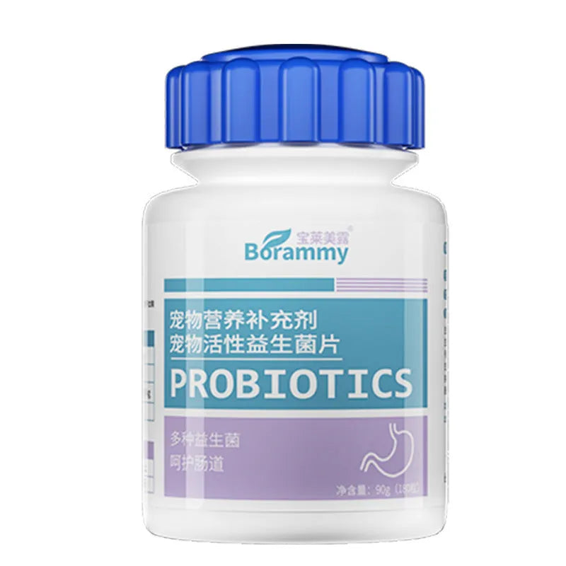 Bottle of 180 pet probiotic tablets with poultry flavouring for digestive health support