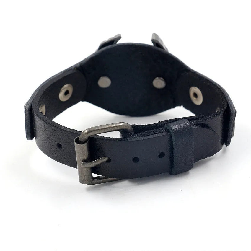 Black leather bracelet with eagle watch buckle clasp geometric design