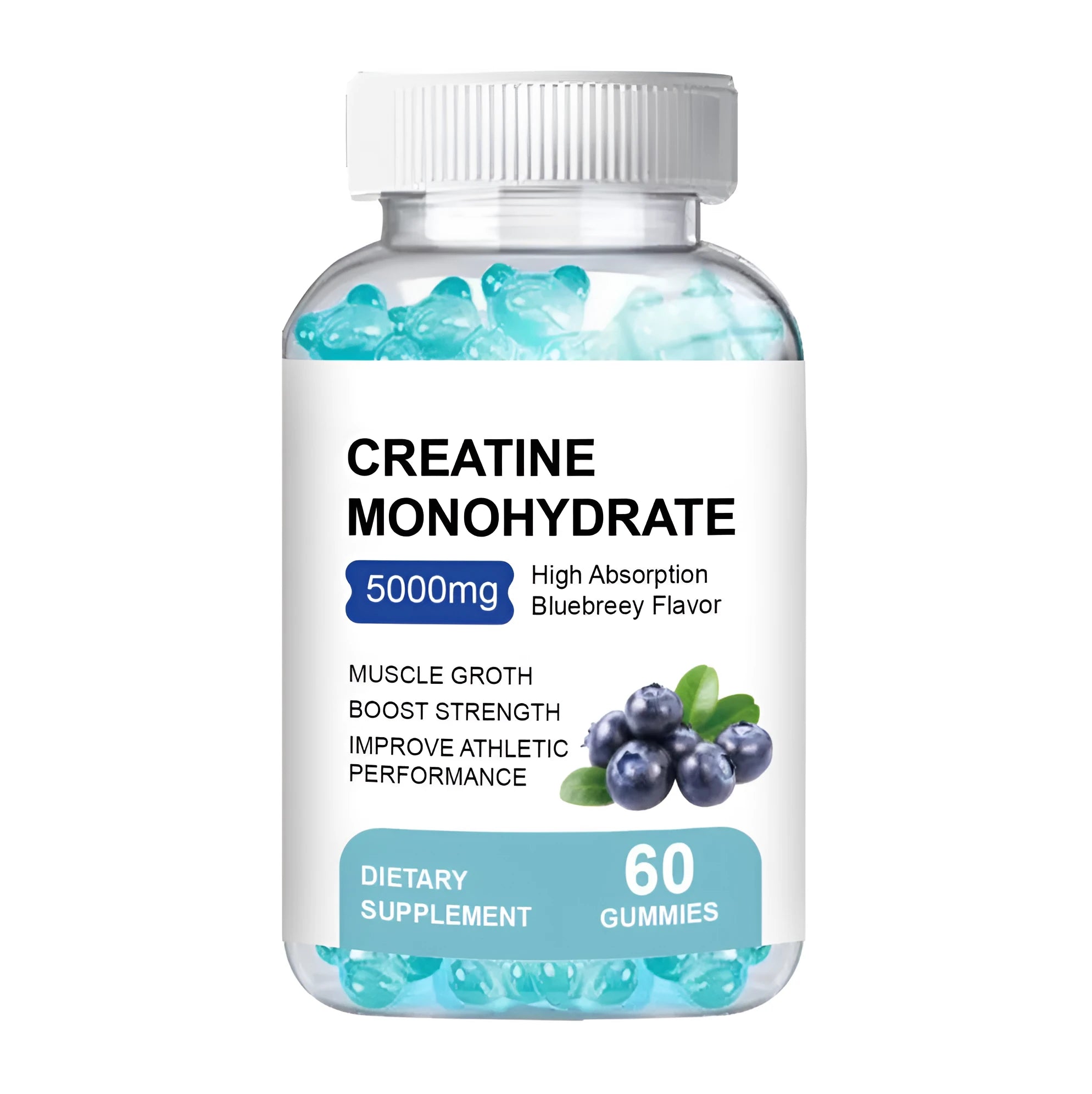 Creatine monohydrate gummies supplement in container showing 60 pieces with cold storage requirement