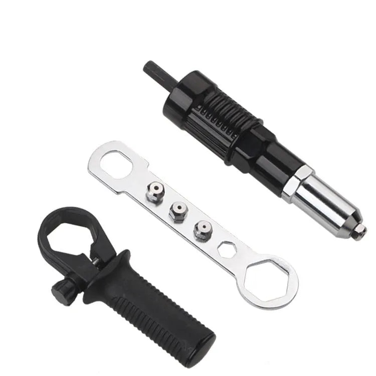 Black metal electric drill rivet gun with handle, wrench, and multiple rivet heads for industrial applications