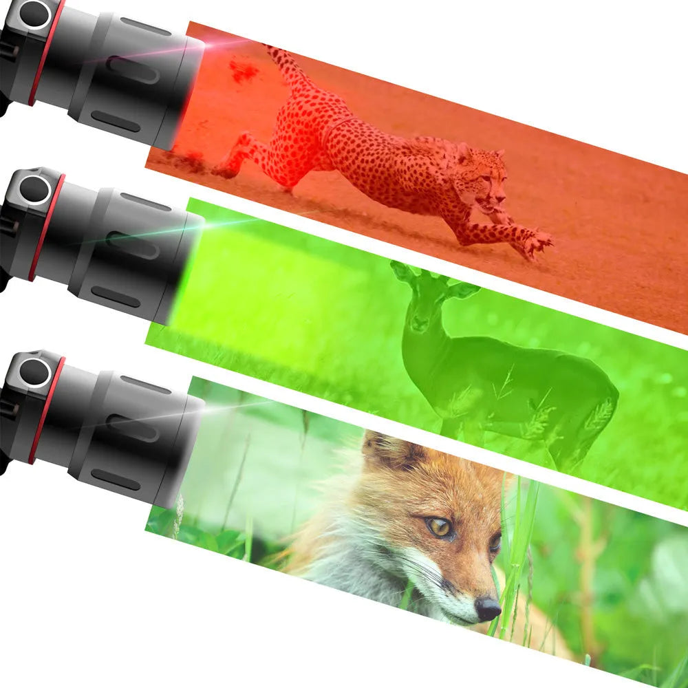 T6 LED zoom headlamp showing white, red, and green light beams with adjustable focus.