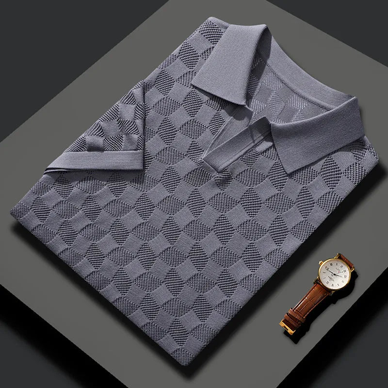 Men's mulberry silk short sleeve sweater with lapels in solid colour for business casual wear