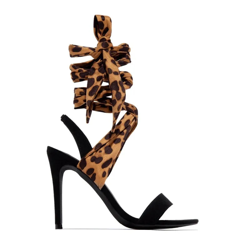 Light brown women's high heels with leopard print pattern and Roman-style cross straps on 8CM+ fine heels