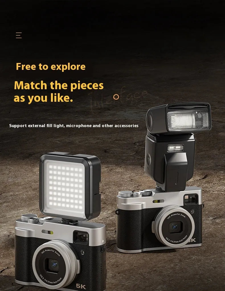 Black 5K HD digital camera with front and rear lenses and an optical viewfinder on top.