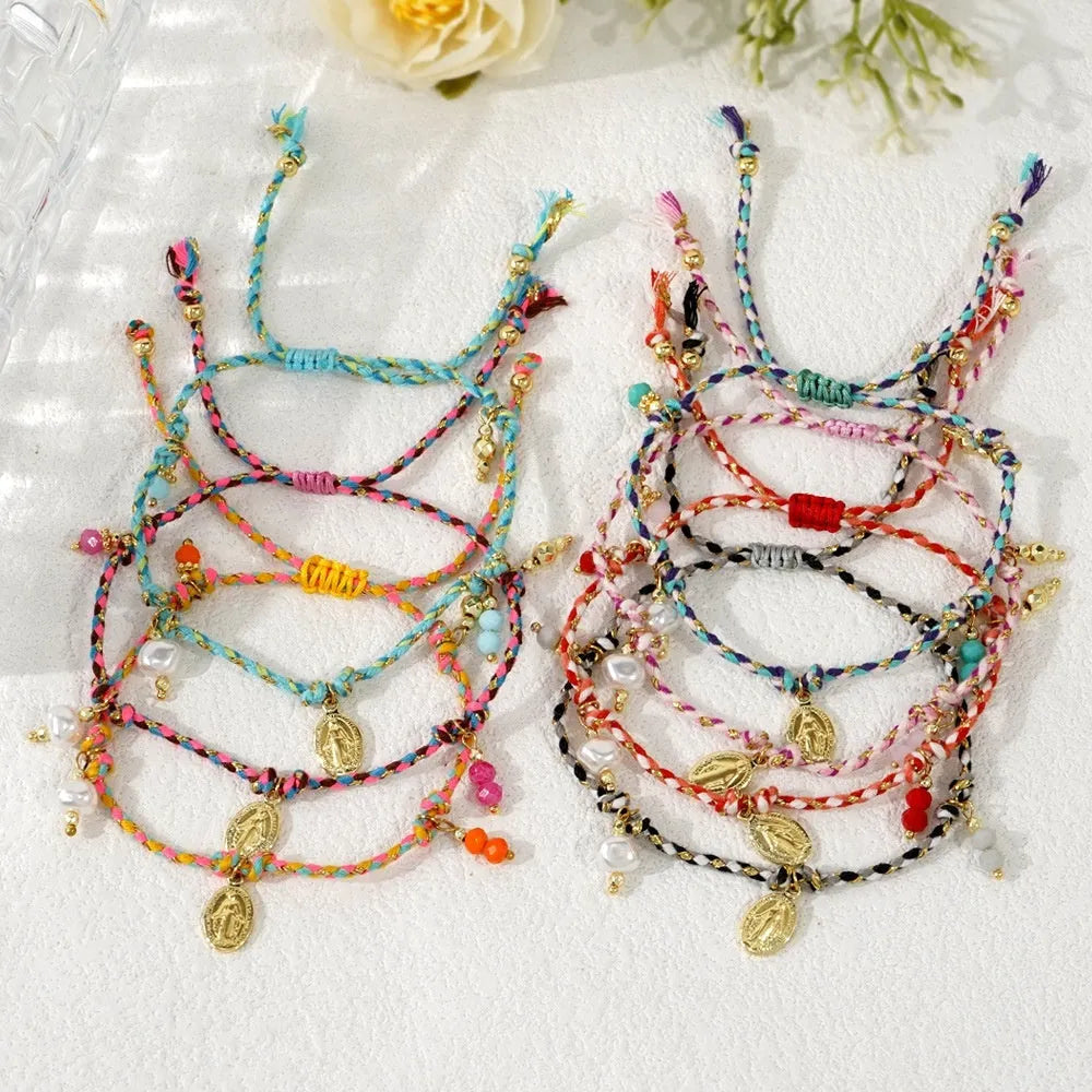 Women's ethnic woven bracelet with colourful braided rope carrying strap tag design