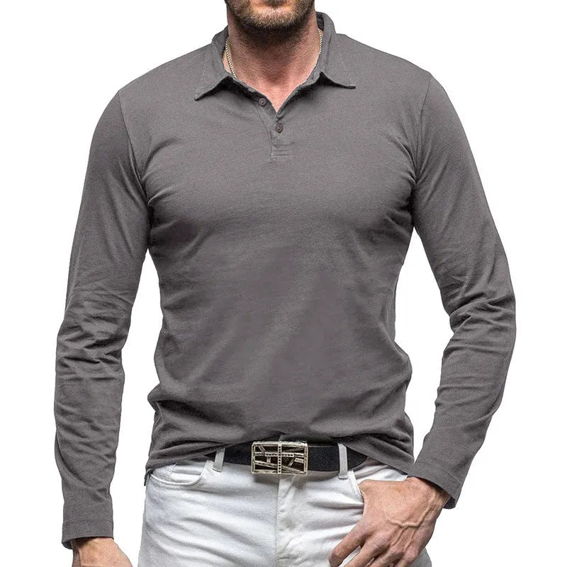 Men's dark grey long sleeve polo collar cotton t-shirt shown front on, American retro style.