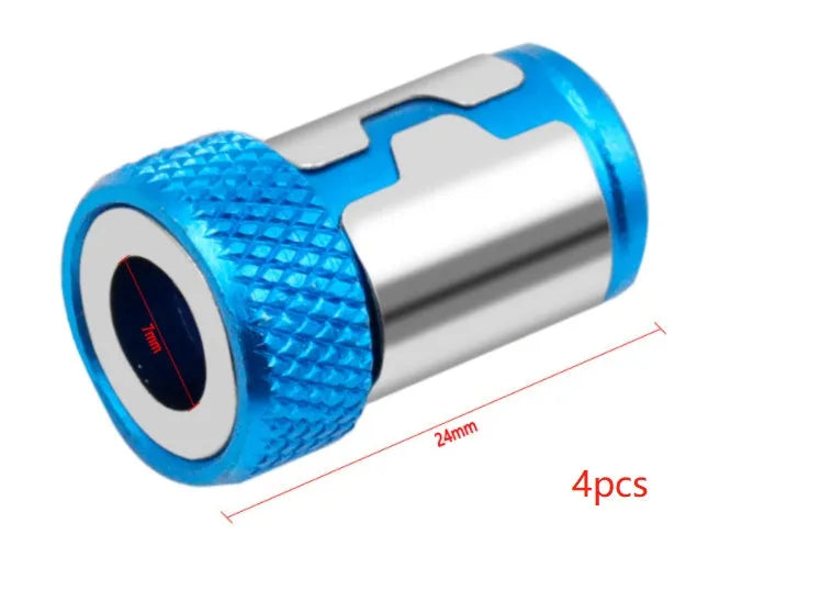 Light blue screwdriver bit with magnetic ring, slotted head type, high carbon steel construction