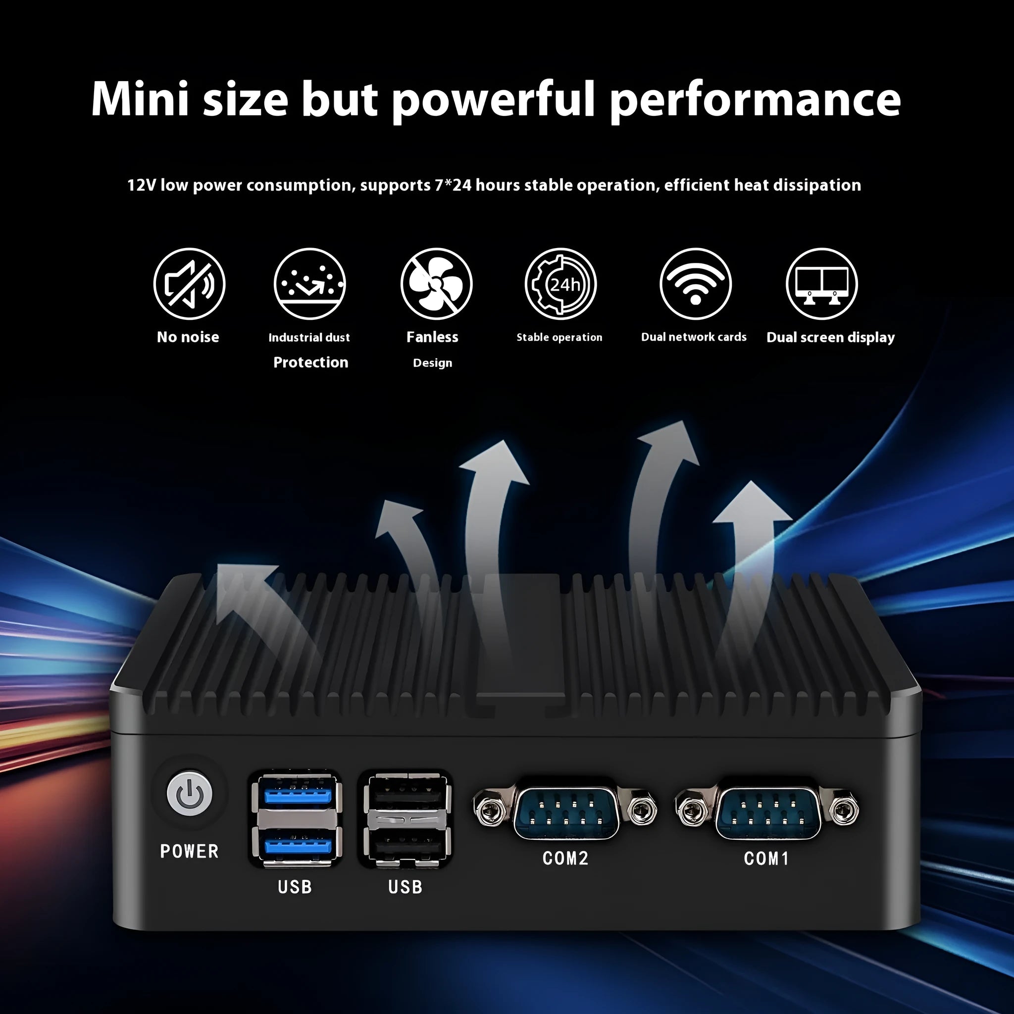 Industrial fanless mini host computer measuring 13.6x12.7x4cm with quad-core processor