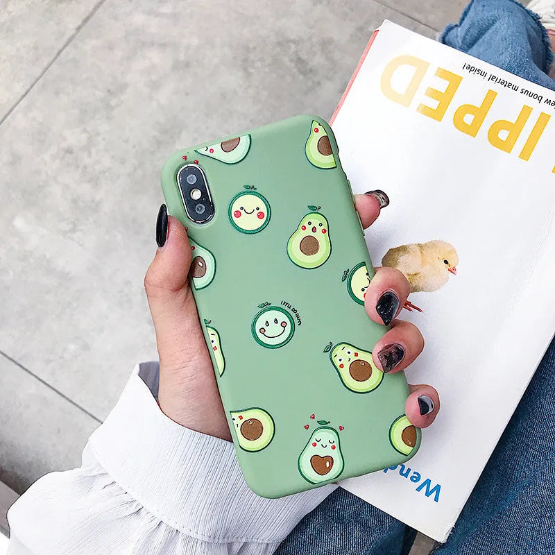 Green avocado cartoon design on a flexible black TPU phone back cover case.