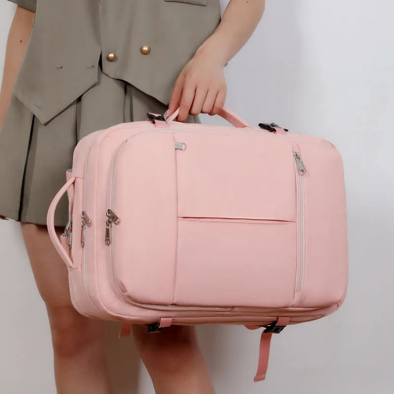 Large waterproof oxford cloth backpack for business travel with multiple pockets, shown in available colours.