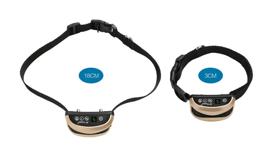 Electronic anti-bark dog training collar with digital display on a black adjustable reflective strap.