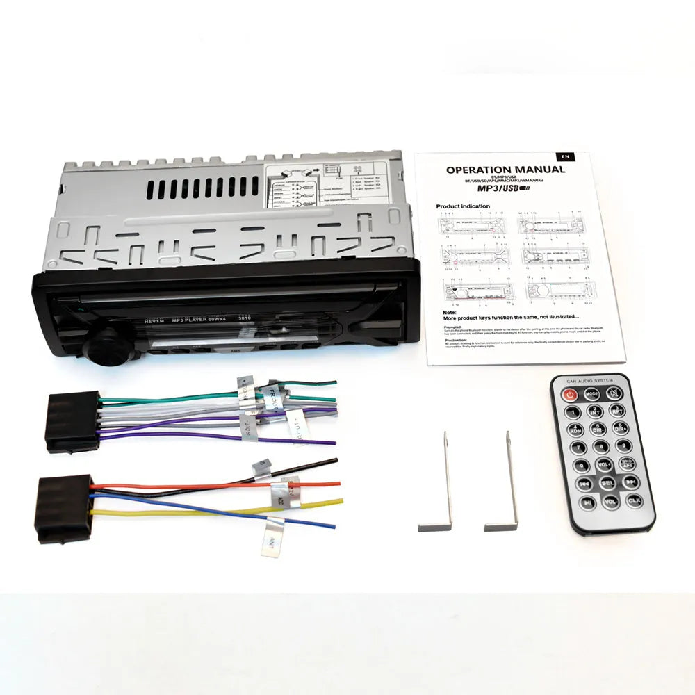 Car radio MP3 player with Bluetooth, USB port, TF card slot, LCD display, and rotary volume control