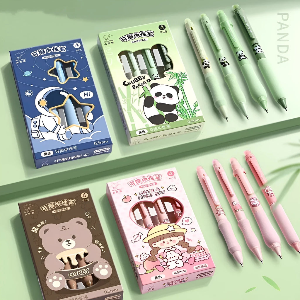 Erasable cartoon-themed press gel pen with 0.5mm fine tip in black and crystal blue ink options.