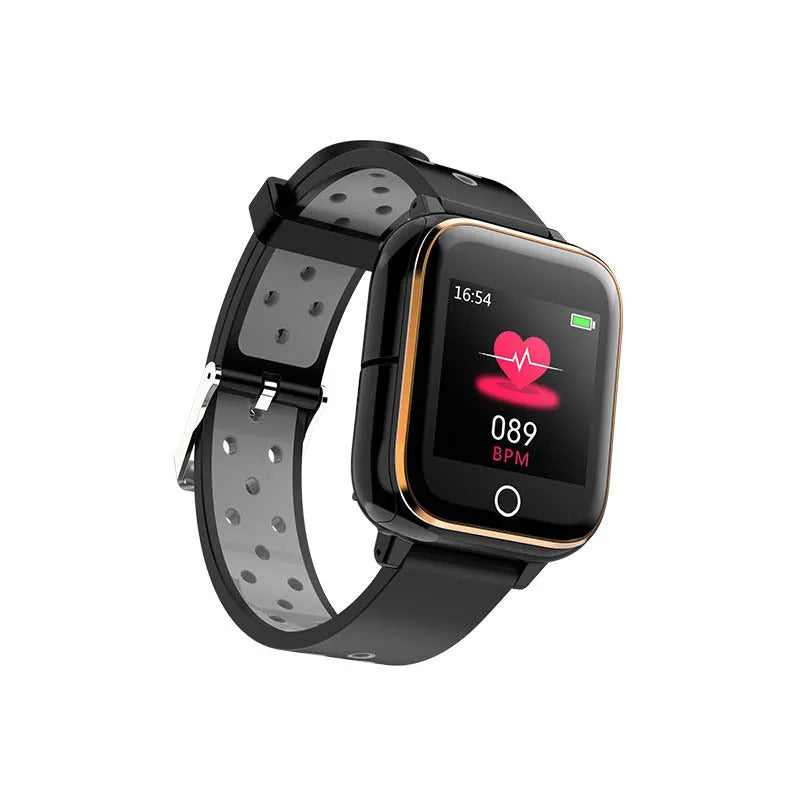 Black smart watch with integrated Bluetooth earbuds showing fitness tracking display
