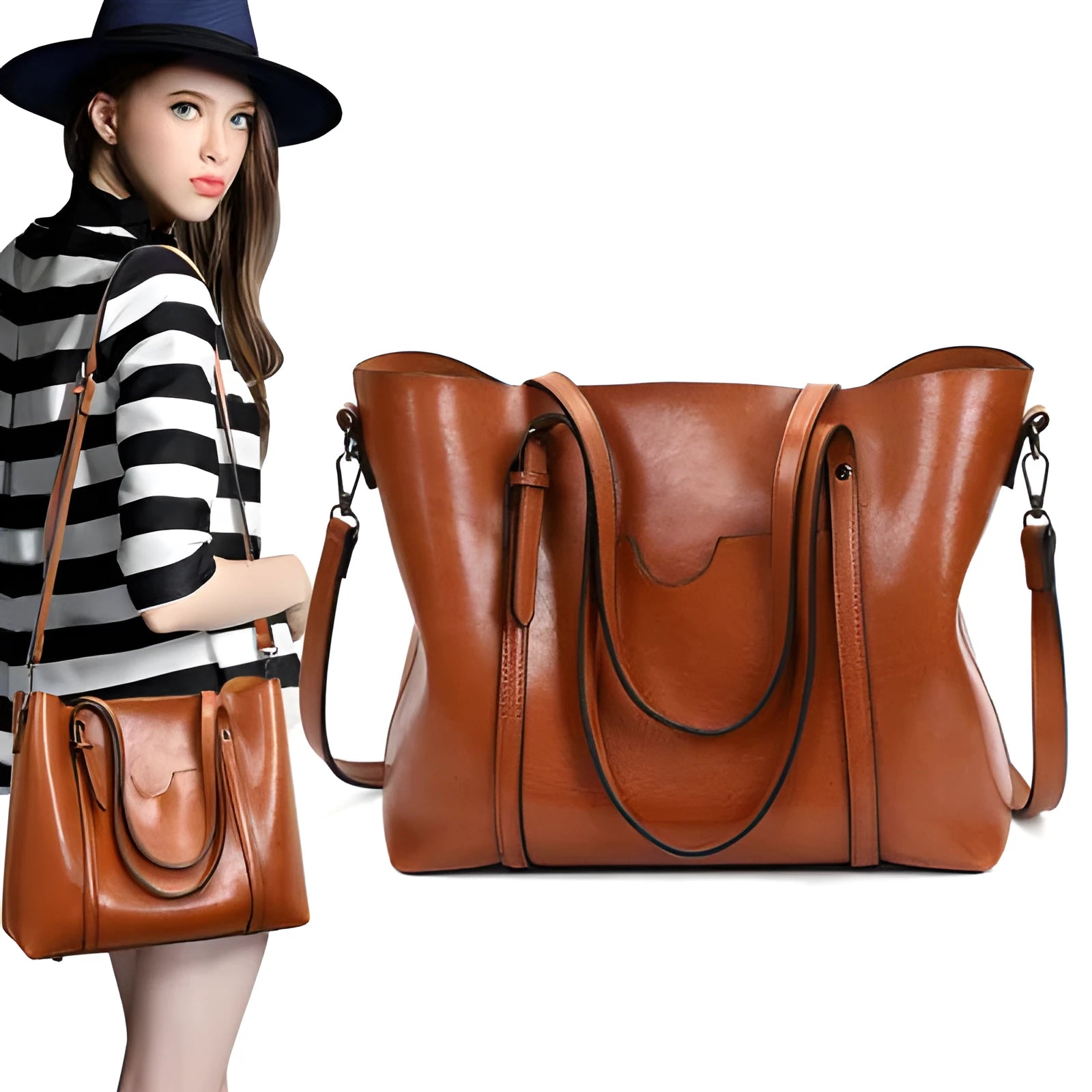 Retro messenger bag for women showing large main compartment and shoulder strap
