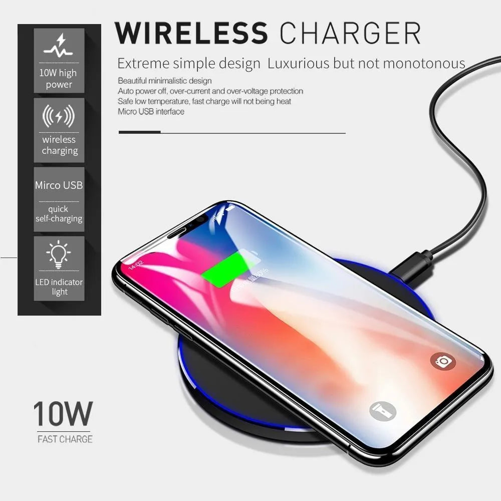 Black ultra-thin square wireless fast charging pad with USB cable on a desk