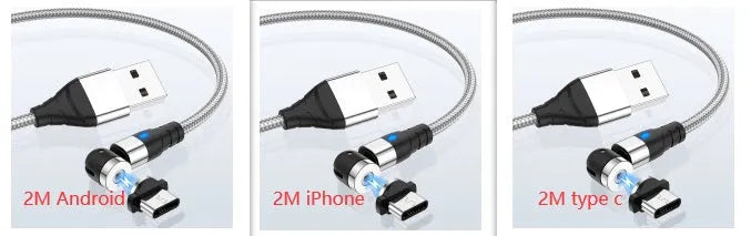 Magnetic charging cable with LED light indicator in various colours showing magnetic connection heads