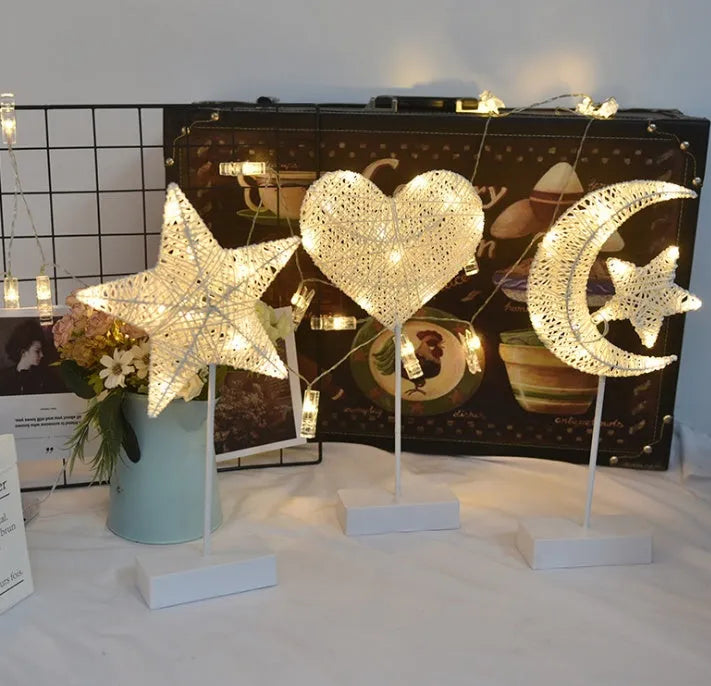 Rattan and PC LED star table lamp with battery operation for bedroom decoration