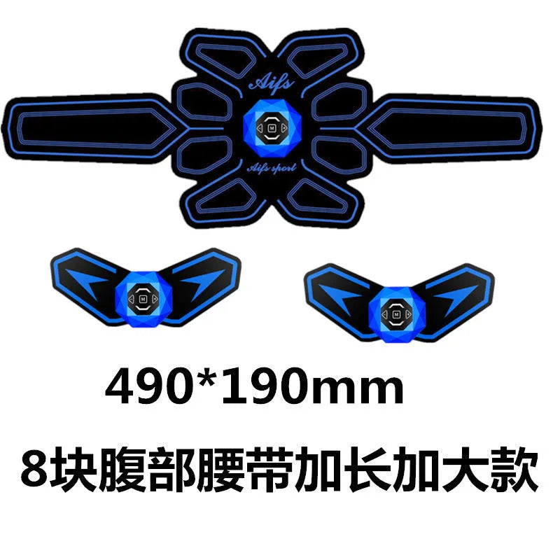 Eight abdominal massage patches for waist reduction in black and blue colours with PU leather, silicone and ABS construction