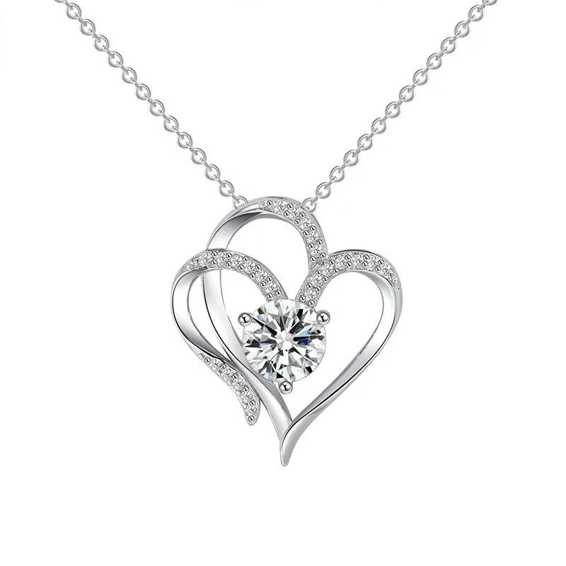 Women's heart-shaped 925 silver necklace shown in rose gold, white gold, and yellow gold plating options.