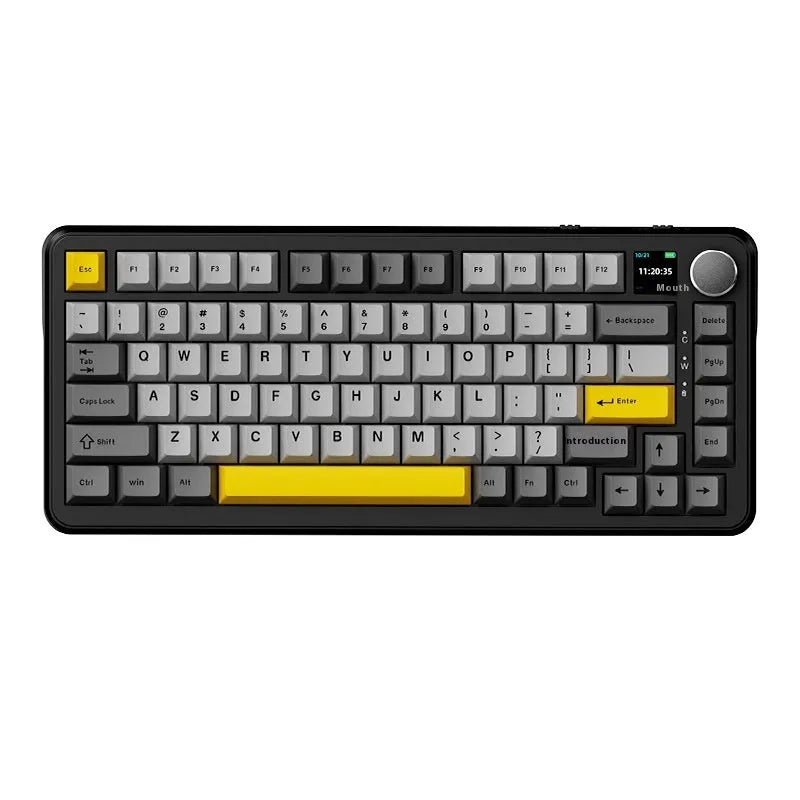Black, Gray And Yellow three-mode wireless mechanical keyboard with hot-swappable switches and included accessories.