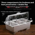 Stainless steel commercial dining plate display box with a removable lid and multiple inner compartments.