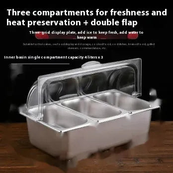 Stainless steel commercial dining plate display box with a removable lid and multiple inner compartments.