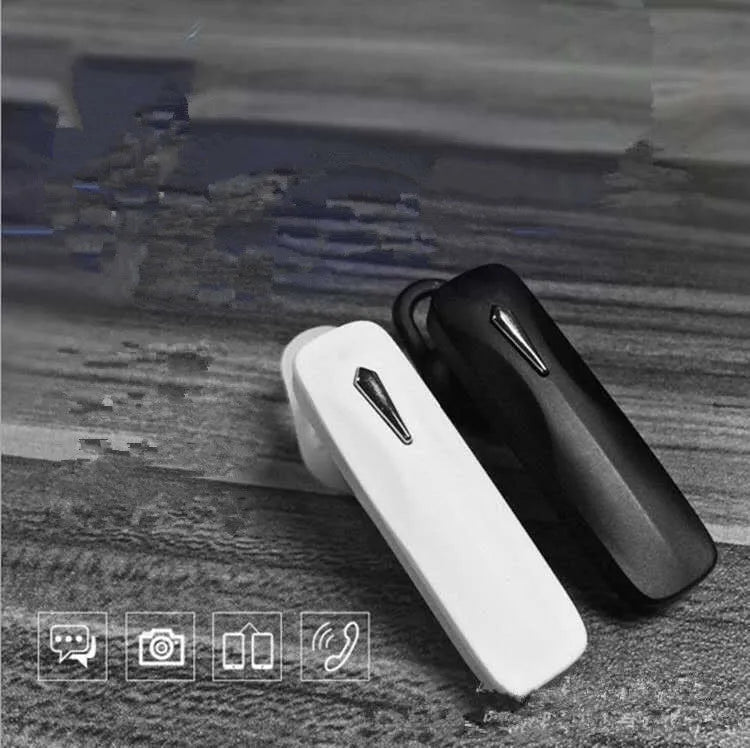 Black and white M163 Bluetooth car headset for hands-free calling and music control.